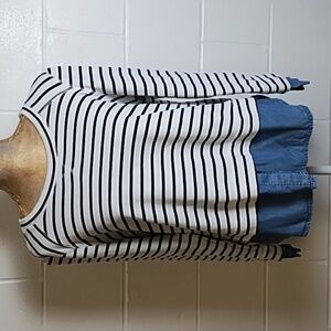 Fever Cotton French Terry Stripe Sweatshirt Lyocell Denim Accents Large